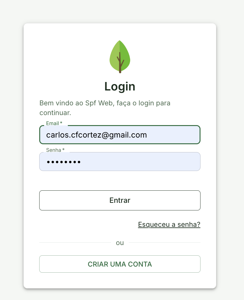Tela de login com campos de usuário e senha