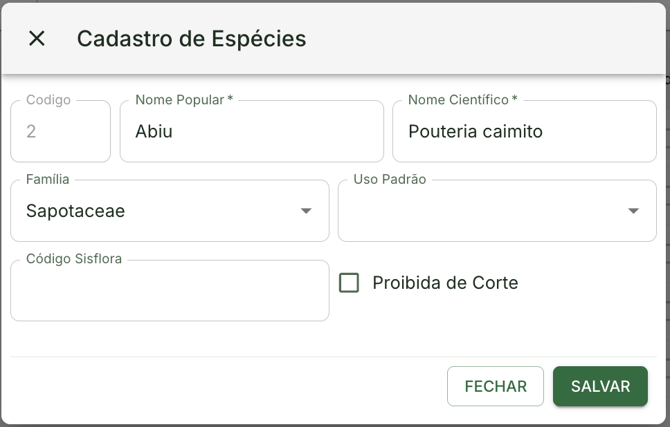Formulário de cadastro de nova espécie