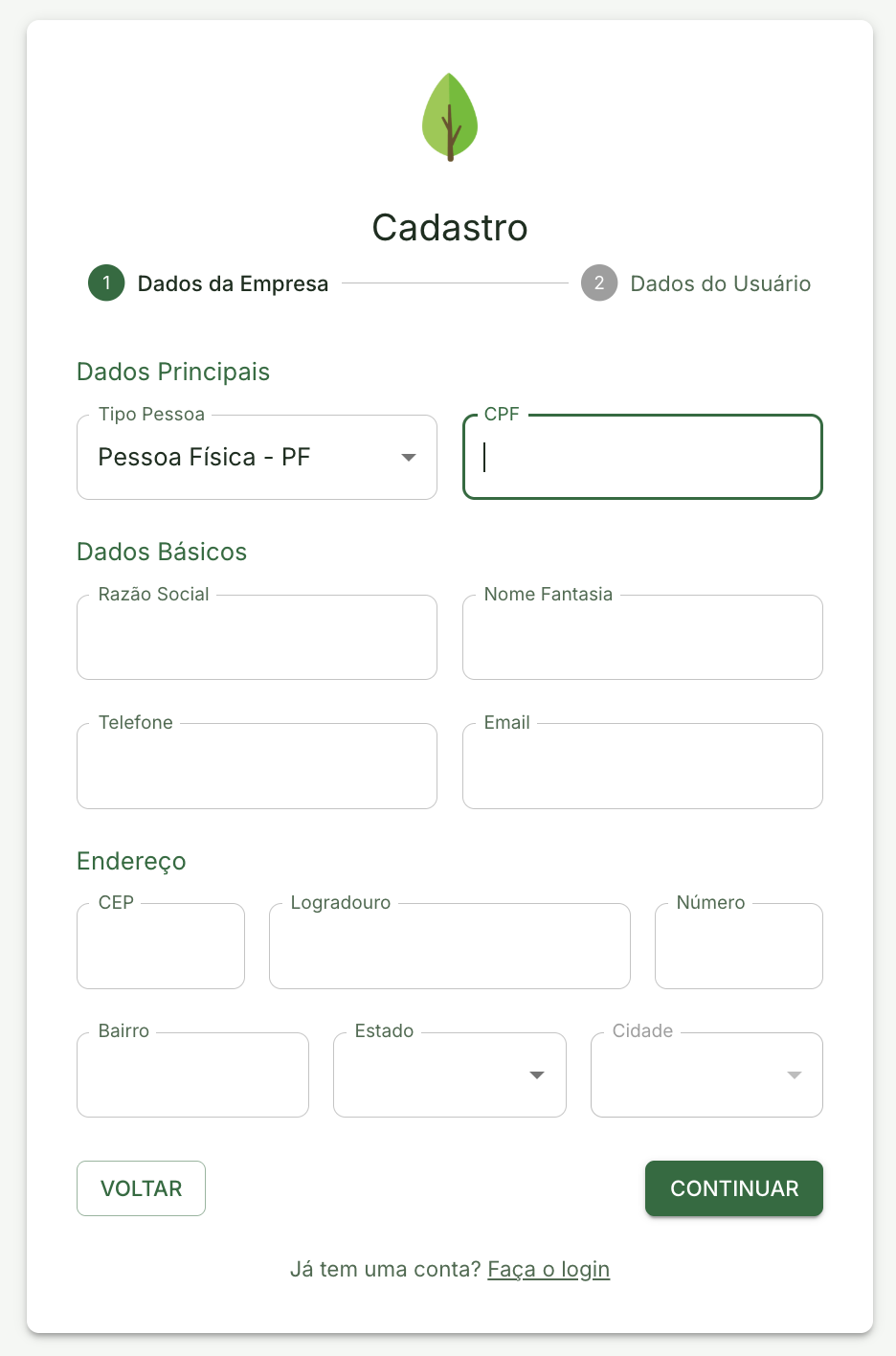 Formulário de cadastro de novo usuário