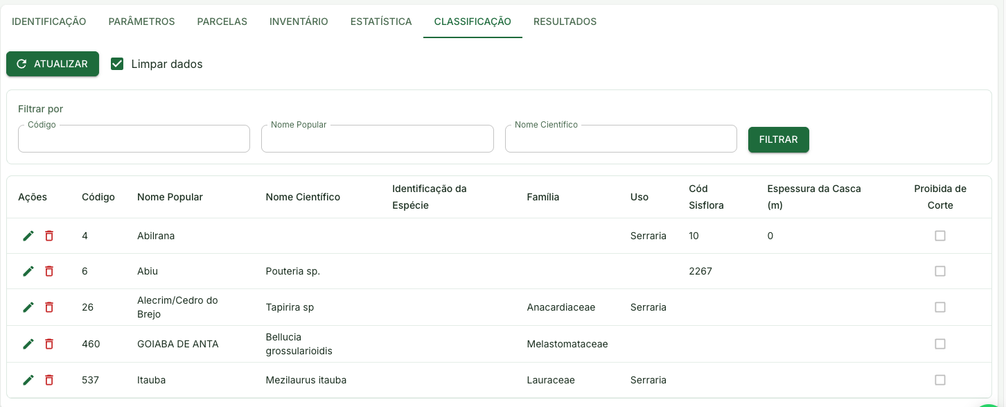 Tela de classificação das espécies do inventário