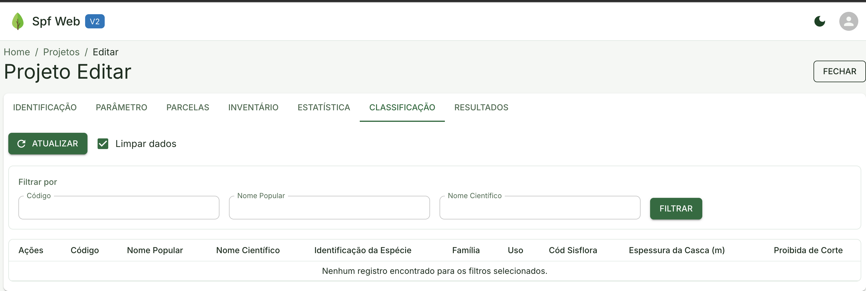 Tela de classificação das espécies do inventário
