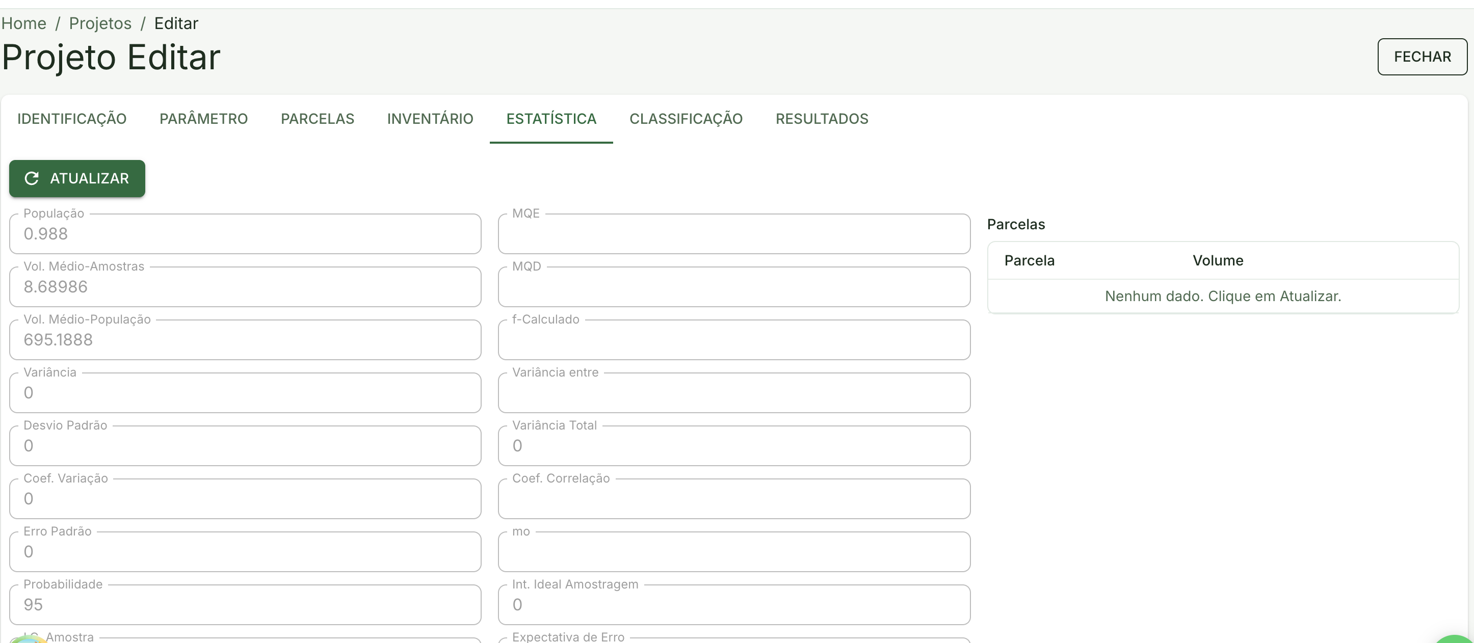 Tela do módulo de Estatística