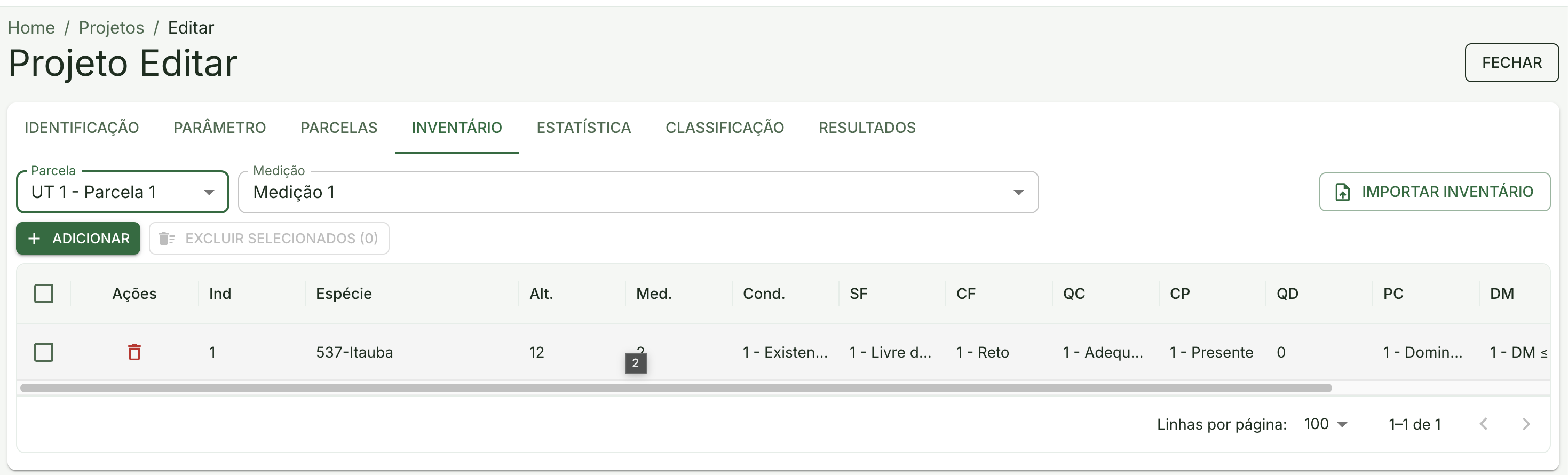 Aba de inventário com parcelas e indivíduos