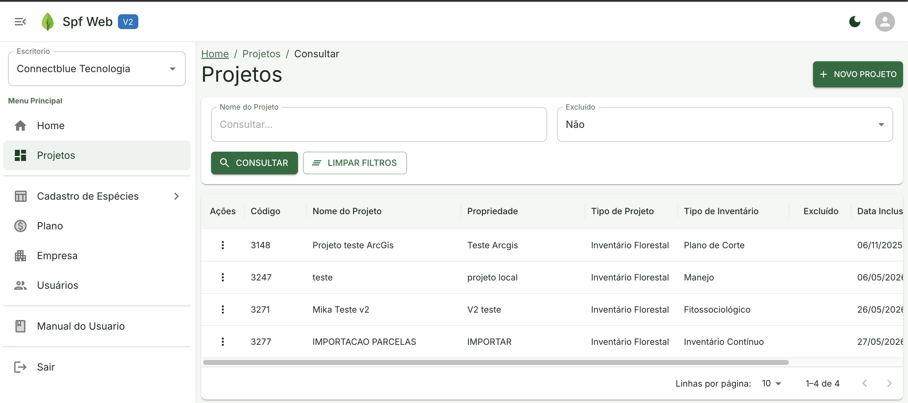 Tela principal do menu Projeto