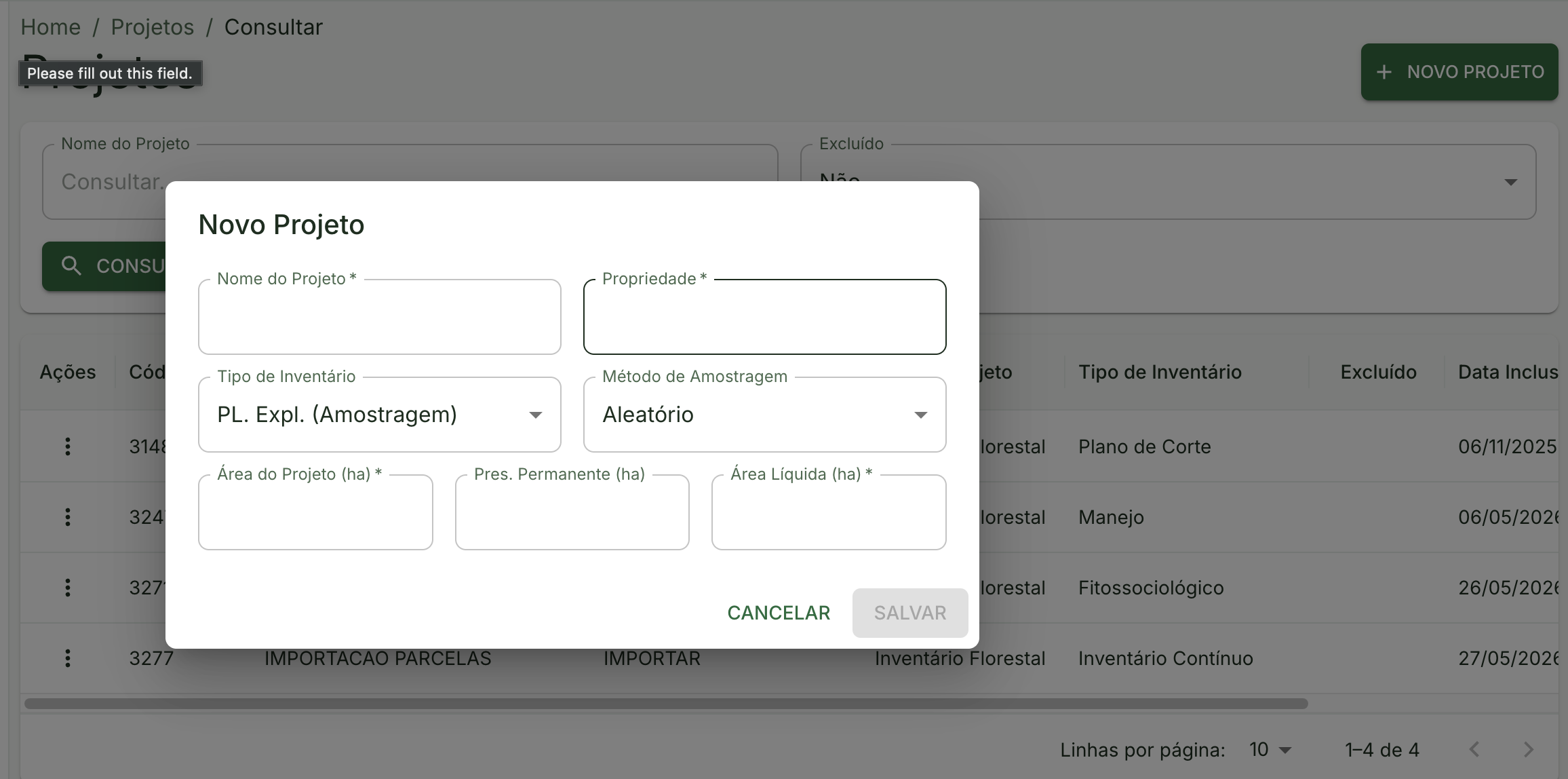 Modal de criação de novo projeto