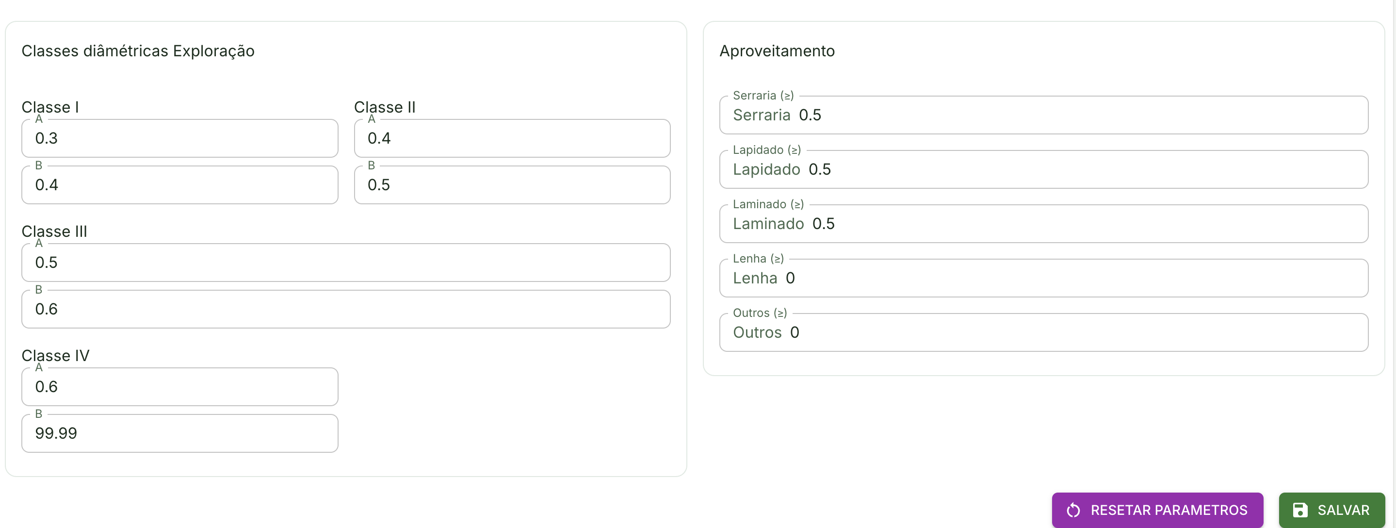 Tela de parâmetros do projeto