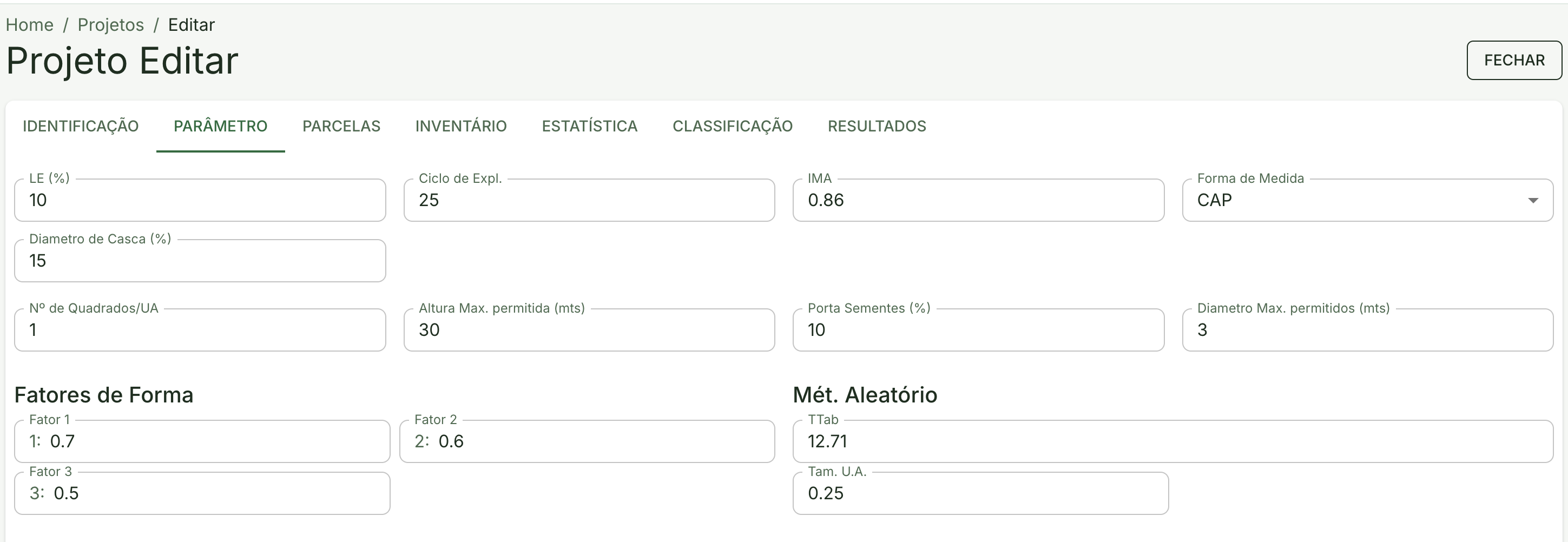 Tela de parâmetros do projeto