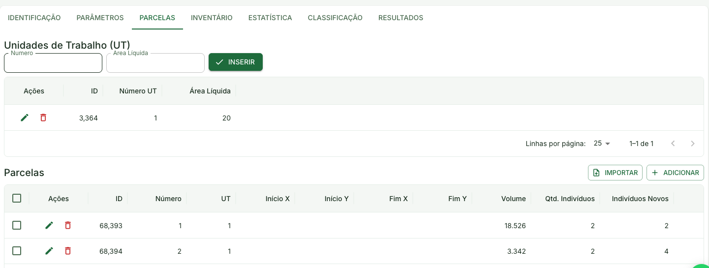 Tela da aba Parcelas