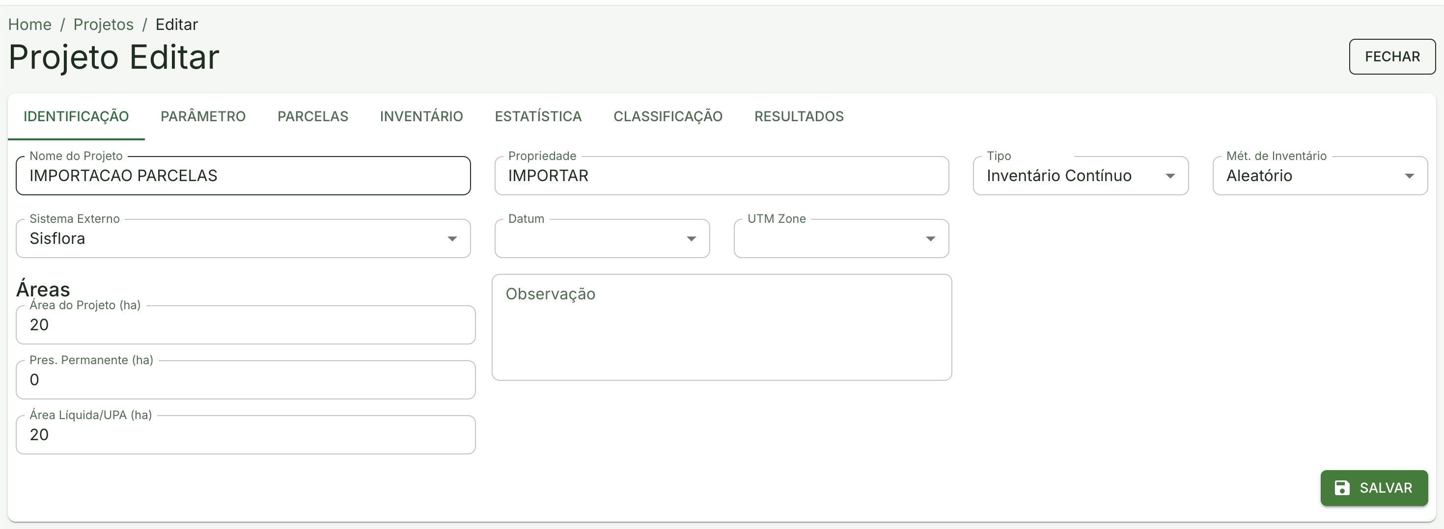Aba de identificação do projeto