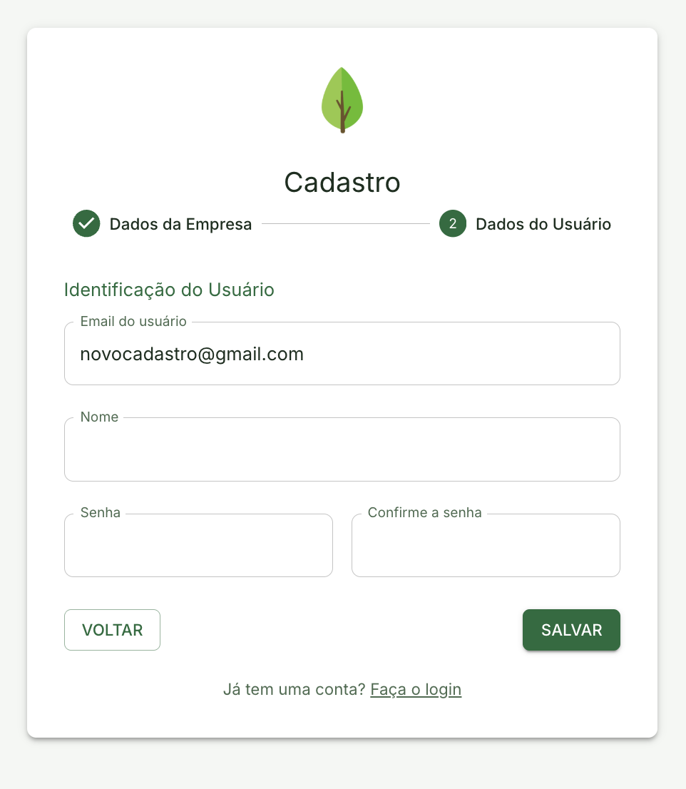 Tela de criação de senha